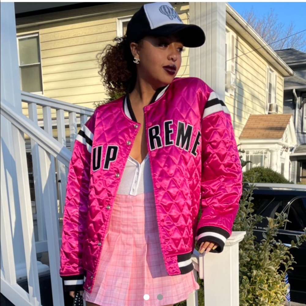Pink Supreme SS17 quilted satin varsity jacket